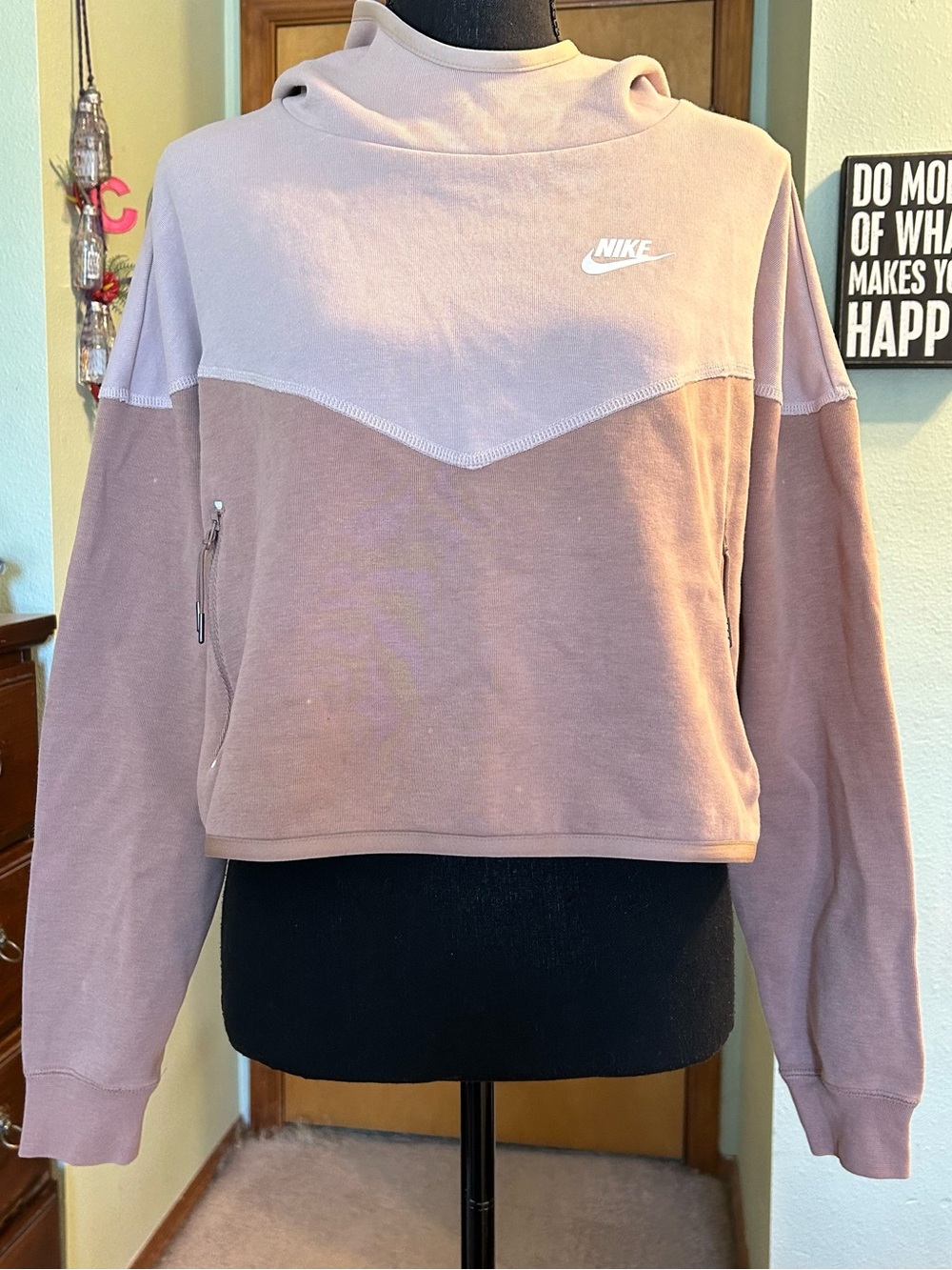 Nike two tone color block tan brown cropped oversized hoodie size S casual